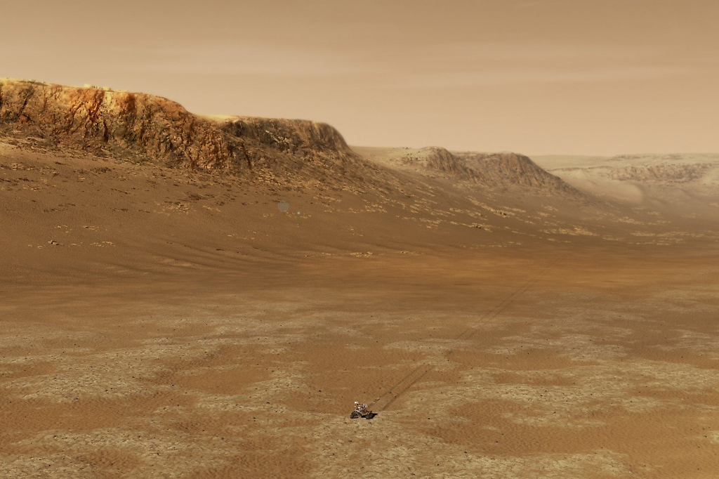 Ilustración del rover Perseverance de la NASA trabajando dentro del cráter Jezero de Marte