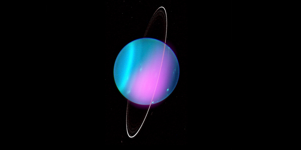 Urano, aproximadamente cuatro veces el diámetro de la Tierra, es el séptimo planeta desde el sol