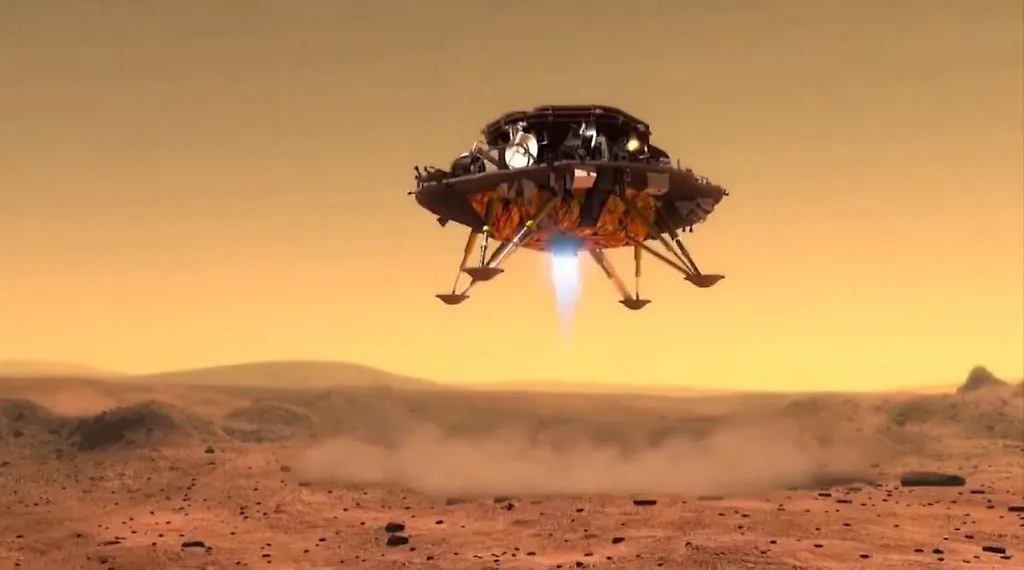 La nave China Tianwen-1, similar a la de esta reproducción artística, llegó con éxito a la superficie de Marte, portando un rover explorador.