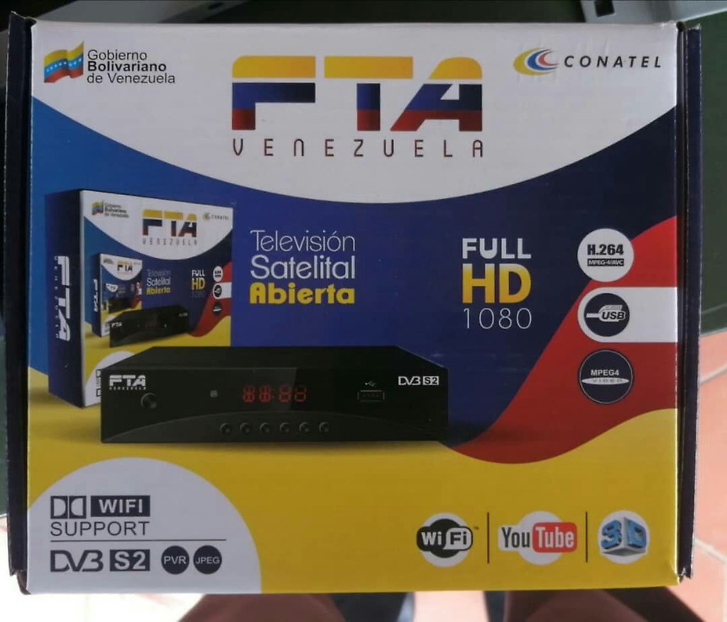 una imagen de la caja del kit que adquirirán los usuarios de un supuesto nuevo servicio de televisión satelital gratuita que prevé lanzar el Gobierno venezolano.