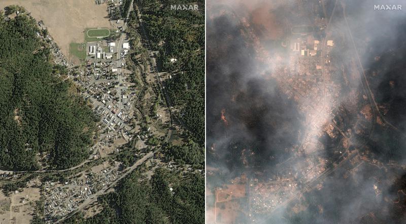 En el lado izquierdo una panorámica de Greenville, California, el 31/10/2018, y en el lado derecho una vista de la comunidad mientras es arrasada por el incendio Dixie el lunes 9/8/2021