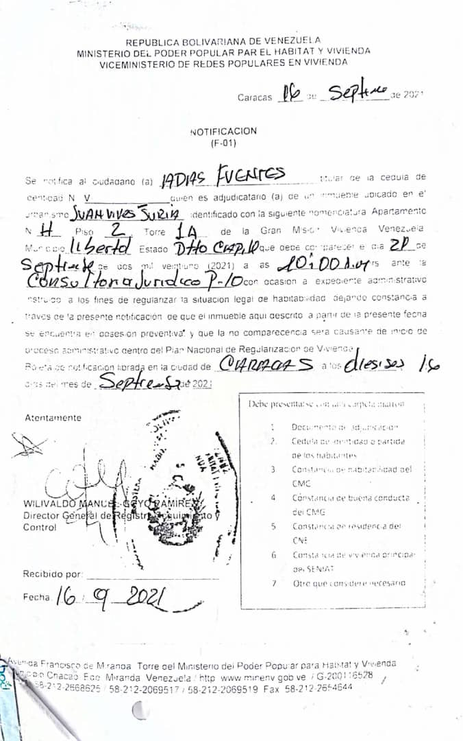 Esta es la notificación presentada, firmada por el director de registro, equipamiento y control, Wilibaldo Manuel Goyo Ramírez.