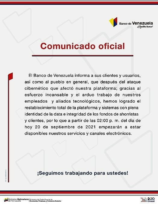 Comunicado oficial del Banco de Venezuela anuncia reanudación de operaciones a partir de este lunes 20 de septiembre a las 2:00 pm