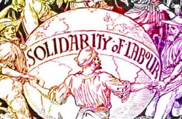 Gráfica de la época en que se instituye el 1ro de Mayo, llamando a la solidaridad mundial entre los trabajadores