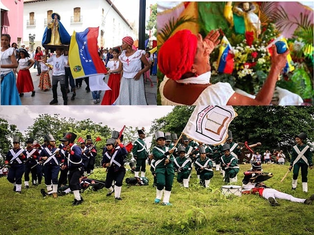 En la parte superior imágenes de la celebración de San Juan. Debajo, representación de la Batalla de Carabobo por estudiantes.