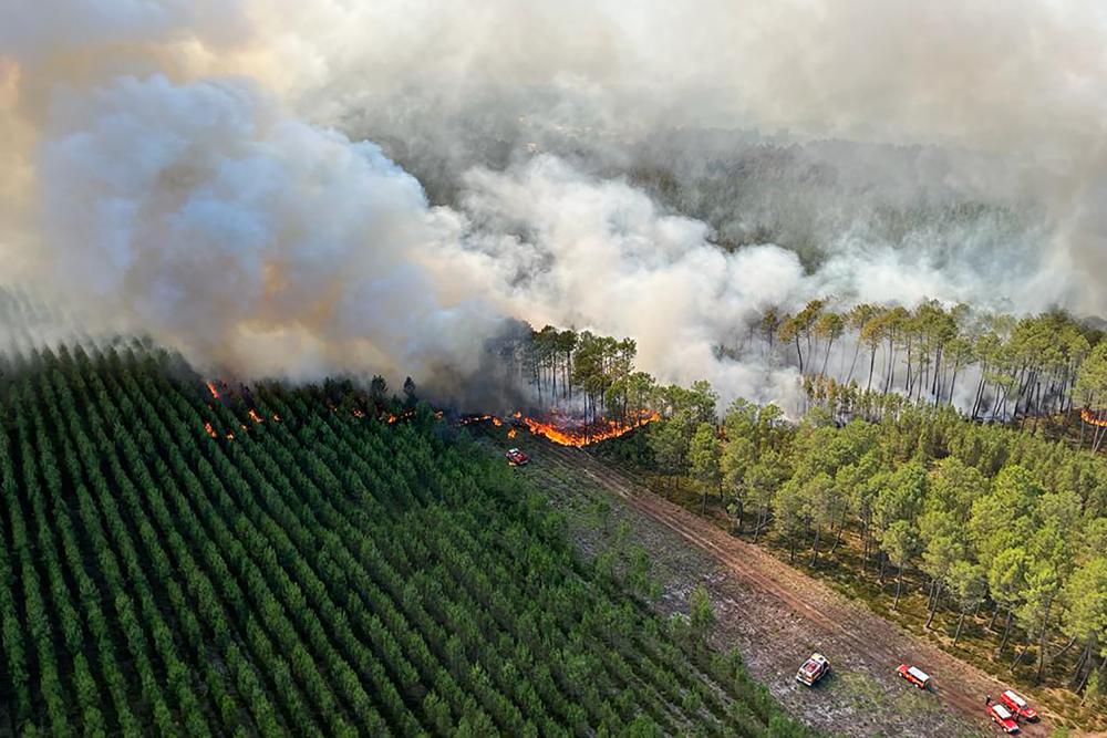 Un incendio forestal consume sembradíos en el suroeste de Francia, el miércoles 13 de julio de 2022.