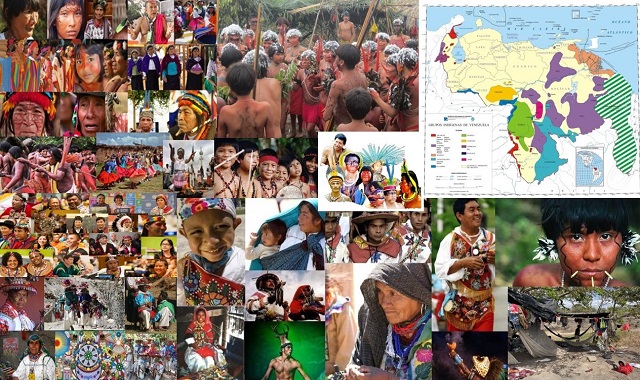 Composición con imágenes de pueblos indígenas del mundo y también de Venezuela, con un mapa de ubicación de pueblos indígenas de nuestro país (y el impacto de la minería)