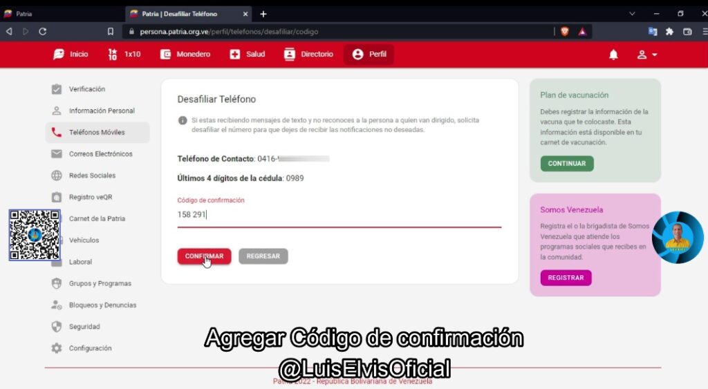 Ingresa el código de confirmación que llegó a tu número de celular.