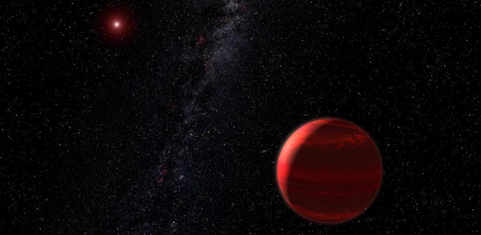 Concepción artística de un planeta orbitando una enana roja