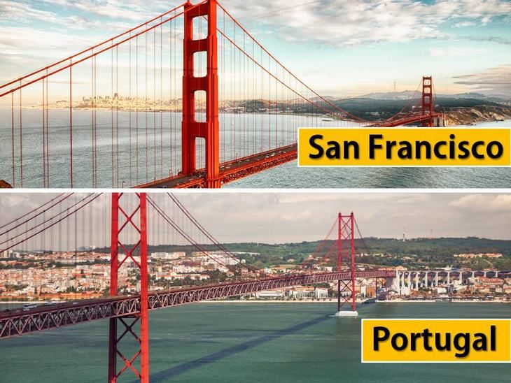 Similitudes entre el puente Golden Gate de San Francisco, California y el puente 25 de Abril en Lisboa, capital de Portugal