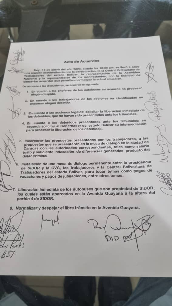 Acuerdo firmado Sidoristas y Gobernador de Bolívar