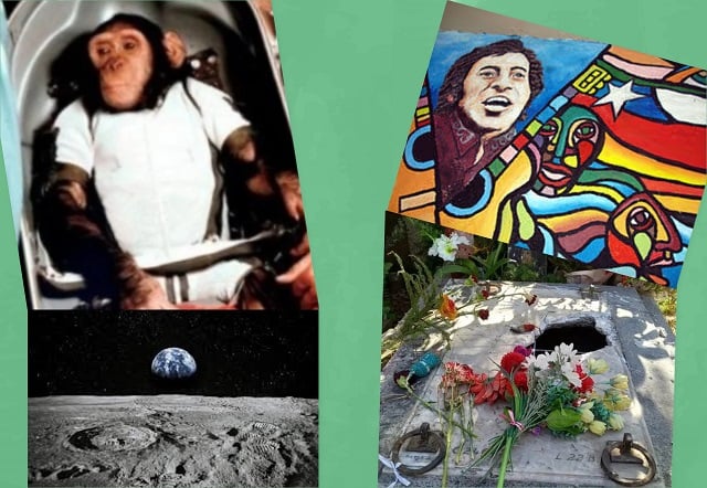 Como portada, el chimpancé astronauta Ham (murió años después de su proeza) y el cantautror y luchador social chileno Víctor Jara, cuya tumba fue vandalizada un día como hoy