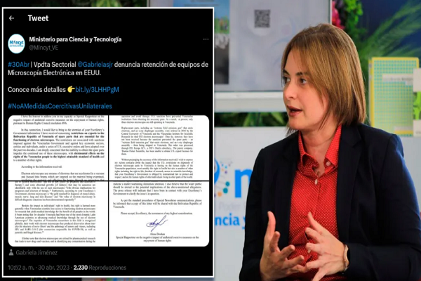 La ministra Gabriela Jiménez, denunció que han pasado 7 meses desde que la relatora de Naciones Unidas solicitara el envío de los repuestos para microscopios electrónicos, utilizados para la detección de enfermedades.