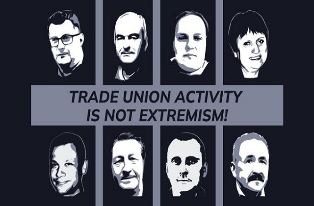 Cartel alusivo a sindicalistas presos en Bielorrusia a los cuales el gobierno califica de "extremistas" por sus actividades sindicales