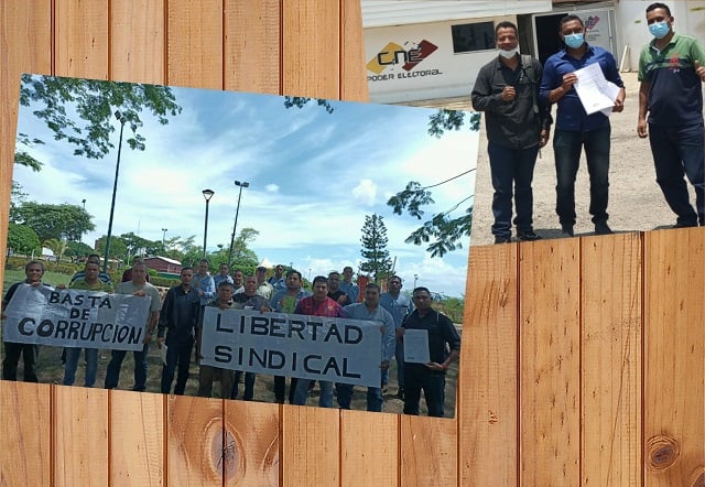 En las fotos sobre el tablero de madera, miembros de la comisión electoral de SITRAEMAS (trabajadores de MASISA)