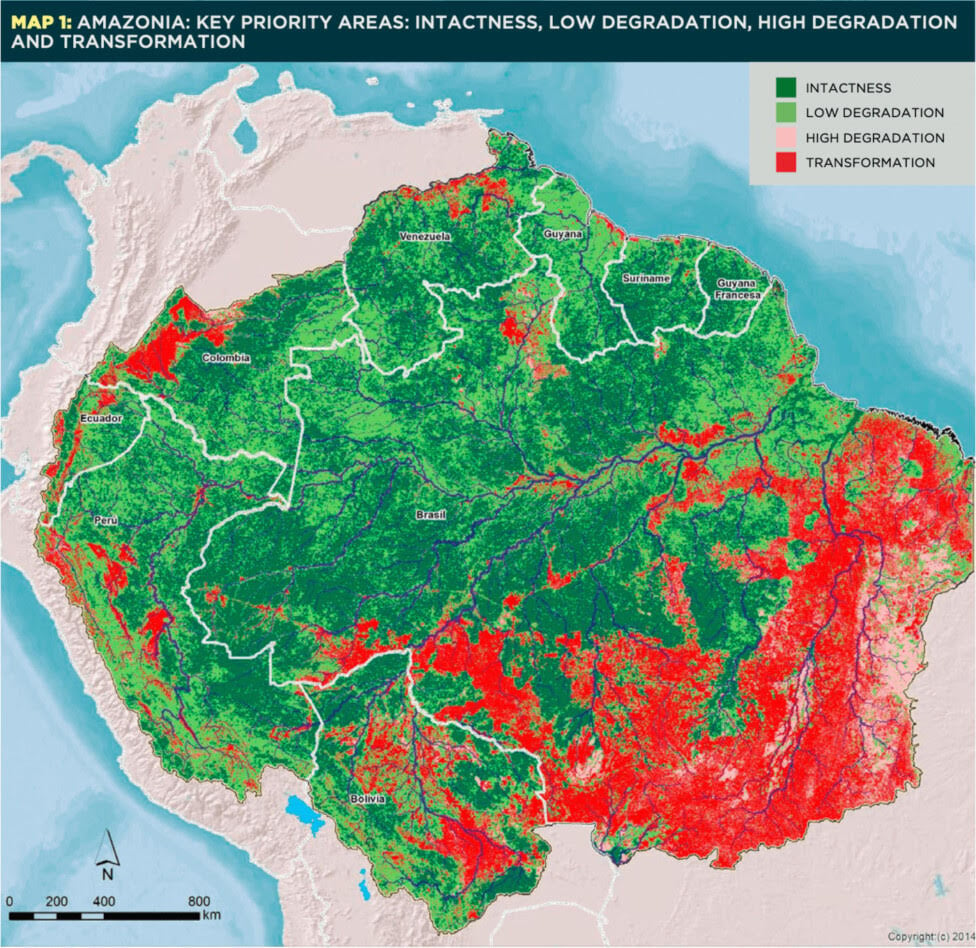 Mapa de la Amazonia que muestra las áreas consideradas intactas (verde oscuro), con baja degradación (verde claro), alta degradación (rosado) y ya en transformación (rojo). Detener la degradación es posible, pero requiere medidas urgentes por ejemplo para frenar la deforestación.