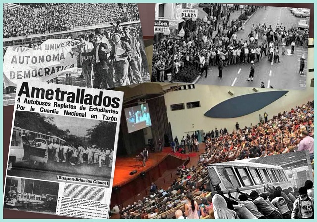 Reproducimos una composición similar a la utilizada en 2021 para ilustrar la efeméride del Día del Estudiante Universitario en Venezuela, basada en noticias sobre la "Masacre de Tazón", protestas estudiantiles y el Aula Magna de la Universidad Central de Venezuela