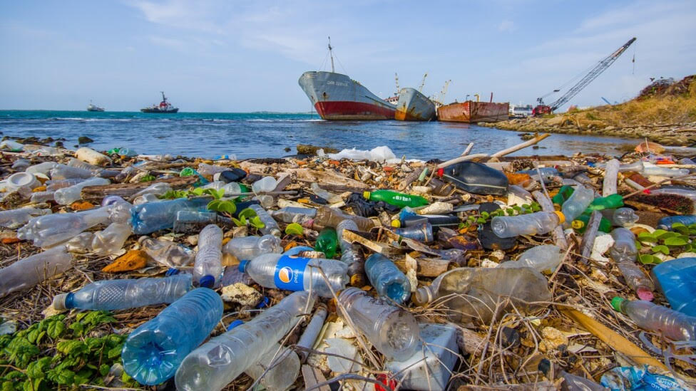 Botellas y otros desechos plásticos llegan a la costa cerca del Canal de Panamá.