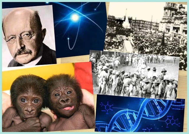 Imágenes relacionadas con efemérides destacadas del 14 de diciembre: Max Planck, huelga petrolera del 36 en Venezuela, monos bonobos, doble hélice del ADN