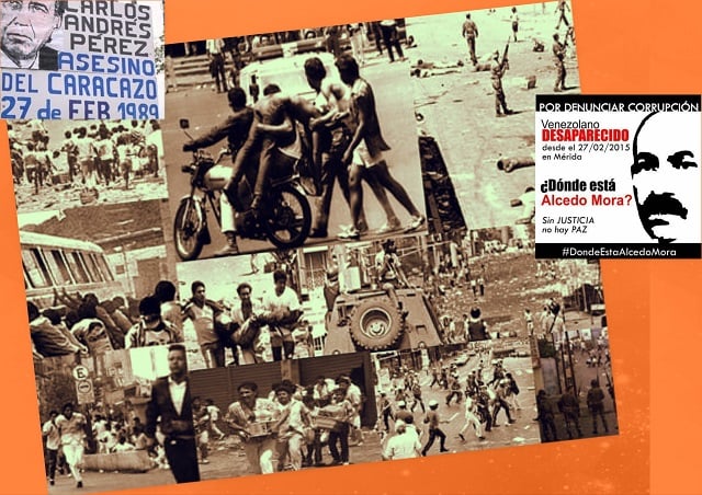 Efemérides del 27 de febrero (Versión año 2024). Imágenes de las hoy destacadas: fotos del Caracazo, cartel que reclama por Alcedo Mora, desaparecido en 2015